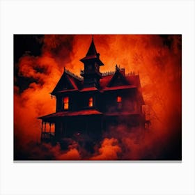 A Haunted House With Fiery And Skittish Autumn Colors Forms The Centerpiece Of A Mysterious Hallowee (1) Canvas Print