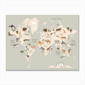 Modern World Map With Animals In Green Canvas Print