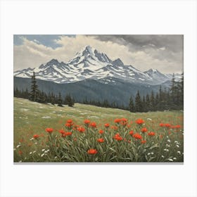 Vintage Oil Painting of indian Paintbrushes in a Meadow, Mountains in the Background 3 Canvas Print