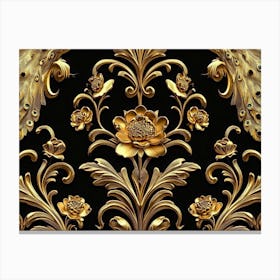 Elegant Leather Base Golden Floral Seamless Damask Flowers With Golden Peacocks Isolated On Black Background 1 Canvas Print