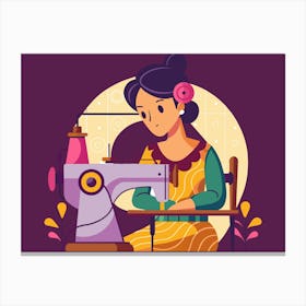 Woman Sewing On A Sewing Machine Canvas Print