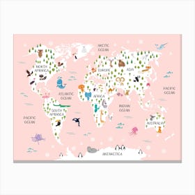 Kids Animal World Map In Pink Canvas Print
