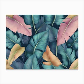 Tropical Exotic Luxury Seamless Pattern with Pastel Color Banana Leaves Palm Colocasia Hand Drawn 3d Canvas Print