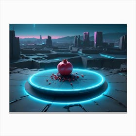 A Pomegranate Split Open Sits Atop A Futuristic, Glowing Platform In A Post Apocalyptic Cityscape Setting Canvas Print