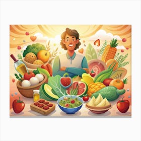 Man Surrounded By Healthy Food Canvas Print