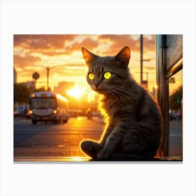 Friendly Alien Yellow Cat Like Eyes Sitting Patiently At An Urban Bus Stop Backlit By A Setting S Canvas Print