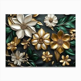 Luxury Floral Seamless with Flowers Elegant Leather Texture Illustration Background in Golden and Green White Canvas Print