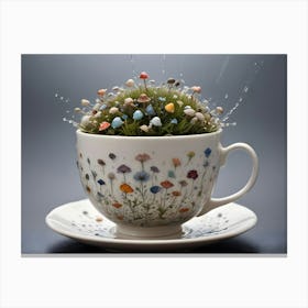 A Teacup With A Floral Design Filled With A Small Forest Of Colorful Mushrooms And Green Moss Canvas Print