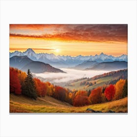 Autumn Landscape Panoramic View Of The Tatra Mountains Leaves In Vivid Shades Of Red Orange And (5) Canvas Print