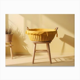 A Wicker Basket And A Wicker Stool On A Yellow Background Canvas Print