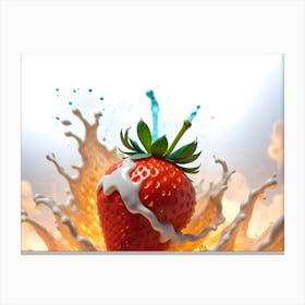 Photo Of A Strawberry Covered In White Cream, With A Blue Splash, Against A Blurred Background Canvas Print