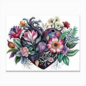 Watercolor Painting Of A Heart Composed Of Flowers And Vines Canvas Print