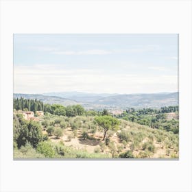 Florence, Italy I Panoramic skyline view of nature and mountains in Tuscany countryside in fine art photography for la dolce vita in a nature landscape of retro vintage aesthetic in green pastel summer colors Canvas Print