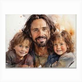 Jesus with little children - watercolor painting. 3 Canvas Print