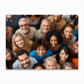 High Angle View Of A Diverse Group Of Smiling People Of Different Ages And Ethnicities Looking Up At The Camera Canvas Print