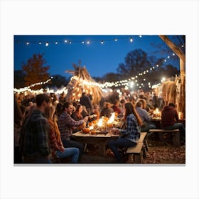 Autumn Festival Illuminated By String Lights Rustic Decorations Such As Dried Corn Husks Pumpkin A (6) Canvas Print