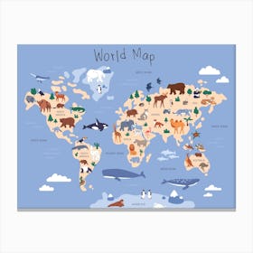 World Map With Animals Kids and Nursery Canvas Print