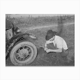 Untitled Photo, Possibly Related To White Migrant Squatting Down In Front Of His Automobile While Camped Near Canvas Print