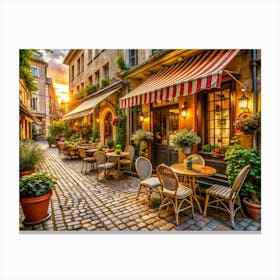 Charming European Street Cafe At Sunset Canvas Print