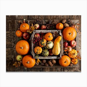 An Assortment Of Autumnal Fruits And Vegetables Laid Out In A Rustic Wooden Table Arrangement Inclu (6) Canvas Print