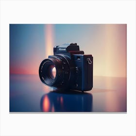 A Camera With A Black Body And A Lens, Sitting On A Blue Surface With A Colorful, Blurred Background Canvas Print