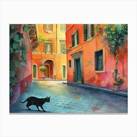 Black Cat In Rome, Italy, Street Art Watercolour Painting 8 Canvas Print