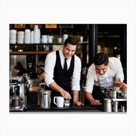 Barista Focused On Pouring Water Into A Step By Step Dripper Amid The Bustling Ambiance Of A Busy C (6) Canvas Print