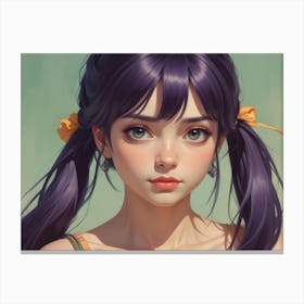 A Digital Painting Of A Young Woman With Long, Purple Hair Tied In Pigtails With Yellow Ribbons Canvas Print