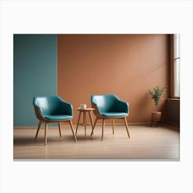 Two Teal Armchairs With Wooden Legs Stand Facing Each Other In A Room With A Teal Wall On The Left And A Brown Wall On The Right Canvas Print