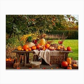 Autumnal Still Life Composition Featuring A Wooden Table Set In A Rustic Garden During The Golden Ho (7) Canvas Print