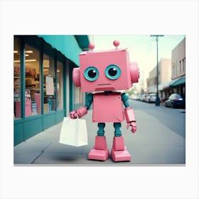 A 3d Rendered Image Of A Pink, Robot Like Creature Holding A Shopping Bag, Standing On A Sidewalk In Front Of A Storefront Canvas Print