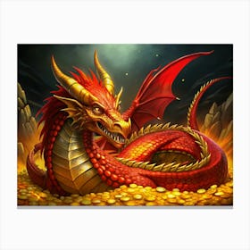 Red Dragon With Gold Armor Sitting On A Pile Of Gold Canvas Print