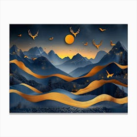 3d Modern Art with Night Landscape with Dark Mountains, Dark Black Background with Stars Canvas Print