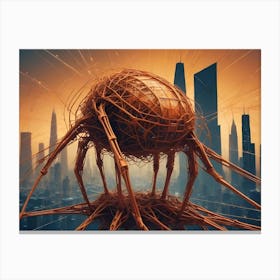 An Illustration Of A Futuristic City With A Large, Metallic, Spider Like Structure In The Foreground Canvas Print