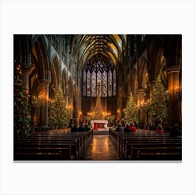 A Christmas Eve Service In A Candlelit Gothic Cathedral Illuminated Pews Leading To The Altar Prepa (7) Canvas Print