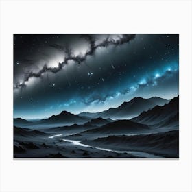 A Dark, Otherworldly Landscape With A Winding River Flowing Through A Valley Under A Starry Night Sky Canvas Print