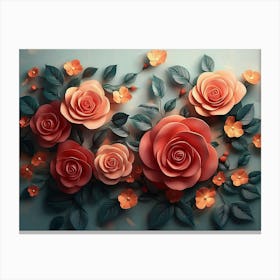 3D Roses surrounded by leaves and flowers Canvas Print