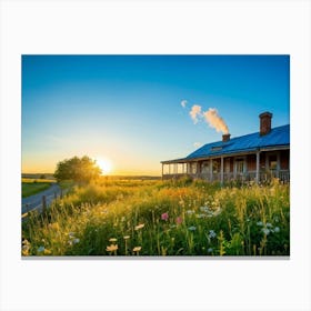 Cozy House Nestled In A Vibrant Blooming Meadow Growing Wildflowers Around The Wooden Structure C Canvas Print