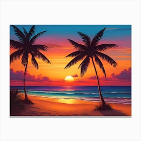 A Tranquil Beach At Sunset Horizontal Illustration 9 Canvas Print