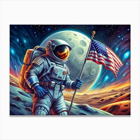 Astronaut Planting Us Flag On The Moon With Moon In The Background Canvas Print