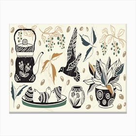 A Set Of Vintage Elements Folk Composition Including Pots Coffee Tea Beans Bird Abstract Flowers And Leaves Organic Abstraction Of Folk Inspired Motifs Rustic Style Of Illustration 1 Canvas Print
