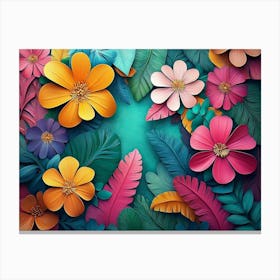 A Vibrant 3d Art Featuring Colorful Flowers and Leaves, With A Floral Illustration Canvas Print