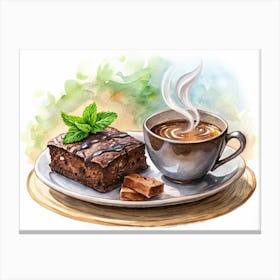 Watercolor Illustration Of Brownie With Coffee Canvas Print