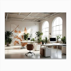 A Modern, Spacious Office With Large Arched Windows, Minimalist Desks, And Plenty Of Natural Light Streaming In, Accented With Greenery For A Fresh And Inviting Atmosphere Canvas Print