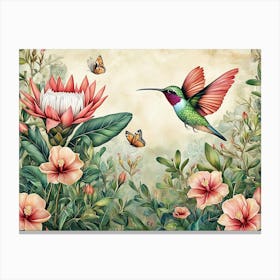 Vintage Tropical Background With Protea, Hibiscus Flowers, Leaves, Hummingbirds, Butterflies 2 Canvas Print