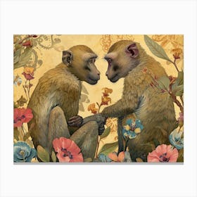 Floral Animal Illustration Baboon Canvas Print