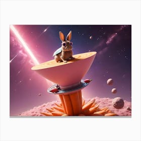 A Rabbit Wearing Sunglasses Sits Atop A Carrot Shaped Spaceship That Rests On A Platform Of Carrots, Against A Colorful Galaxy Backdrop Canvas Print