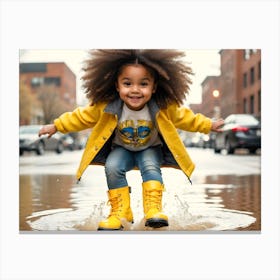 Little Girl Jumping In Puddle Canvas Print