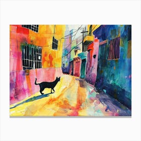 Beirut, Lebanon   Black Cat In Street Art Watercolour Painting 1 Canvas Print