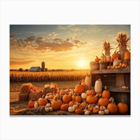 A Vintage Style Autumn Harvest Composition Showcasing Piles Of Pumpkins And Corn Cobs Scattered In (1) Canvas Print